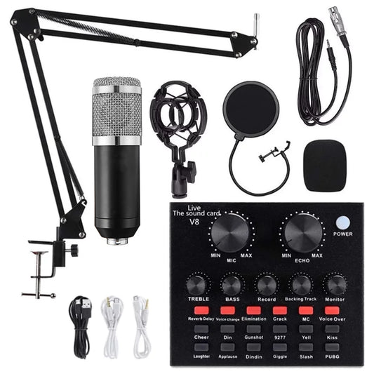 Podcast Microphone Bundle, BM800 Microphone Kit with Live Sound Card, Condenser Microphone & DJ Mixer with Adjustable Mic Suspension Scissor Arm, Shock Mount & Filter for Studio Recording & Broadcas